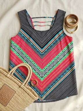 Warehouse One Size XL Neon Chevron Geometric Tribal Print Strappy Back Tank‎ Top